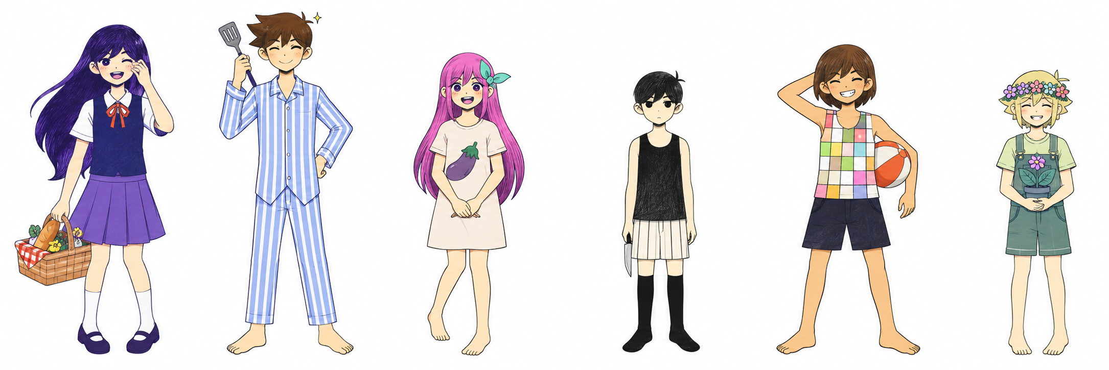 Mari, Hero, Aubrey, Omori, Kel and Basil, standing together at their relative heights